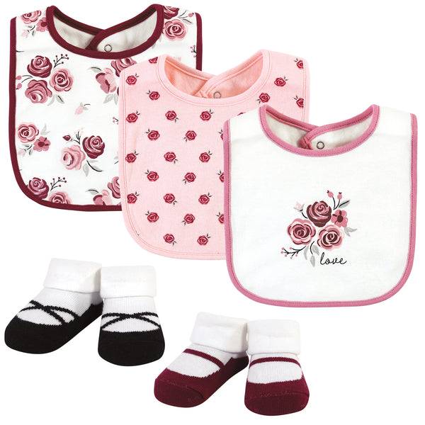 Hudson Baby Infant Girl Cotton Bib and Sock Set, Rose, One Size