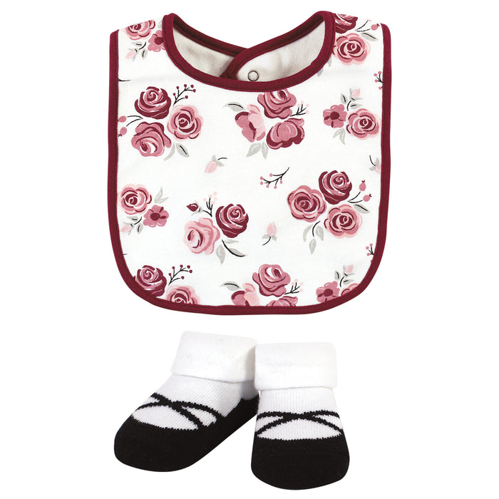Hudson Baby Infant Girl Cotton Bib and Sock Set, Rose, One Size