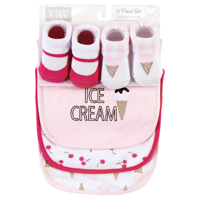 Hudson Baby Infant Girl Cotton Bib and Sock Set, Ice Cream, One Size