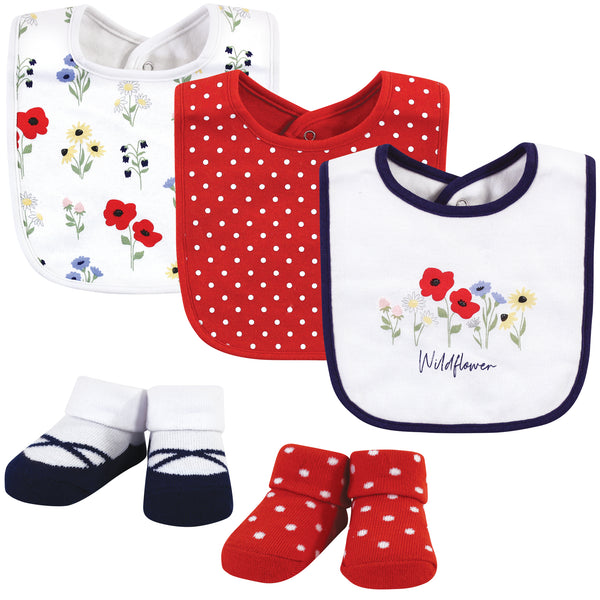 Hudson Baby Infant Girl Cotton Bib and Sock Set, Wildflower, One Size