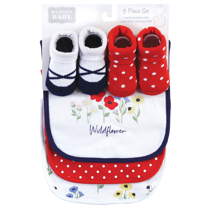 Hudson Baby Infant Girl Cotton Bib and Sock Set, Wildflower, One Size