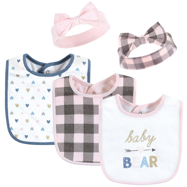 Hudson Baby Infant Girl Cotton Bib and Headband, Girl Baby Bear, One Size