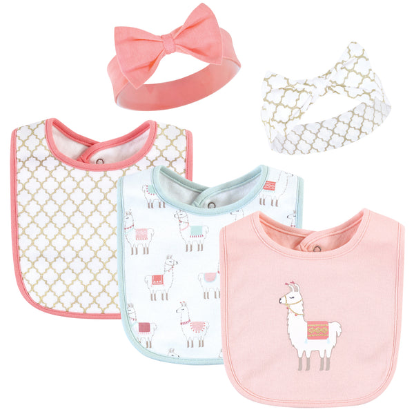 Hudson Baby Infant Girl Cotton Bib and Headband , Llama, One Size