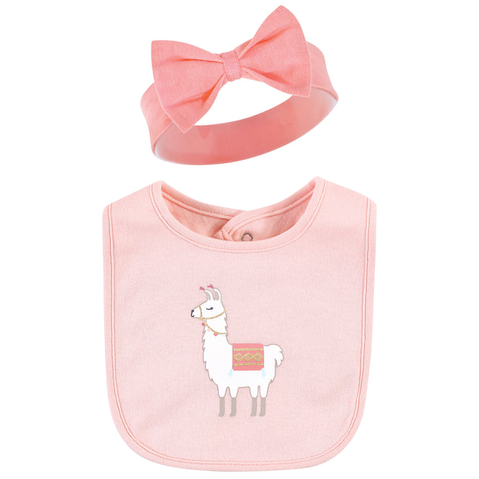 Hudson Baby Infant Girl Cotton Bib and Headband , Llama, One Size