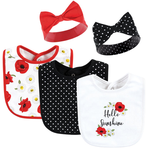 Hudson Baby Infant Girl Cotton Bib and Headband , Poppy Daisy, One Size