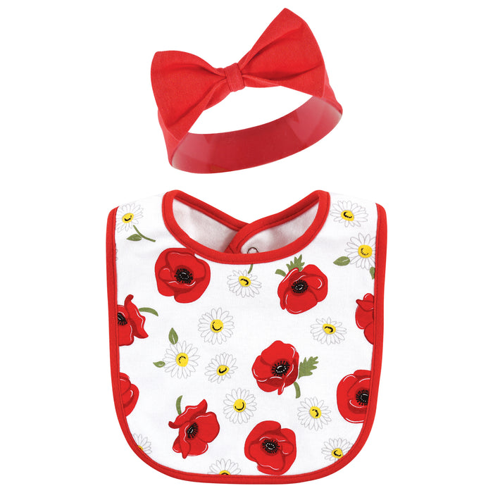 Hudson Baby Infant Girl Cotton Bib and Headband , Poppy Daisy, One Size