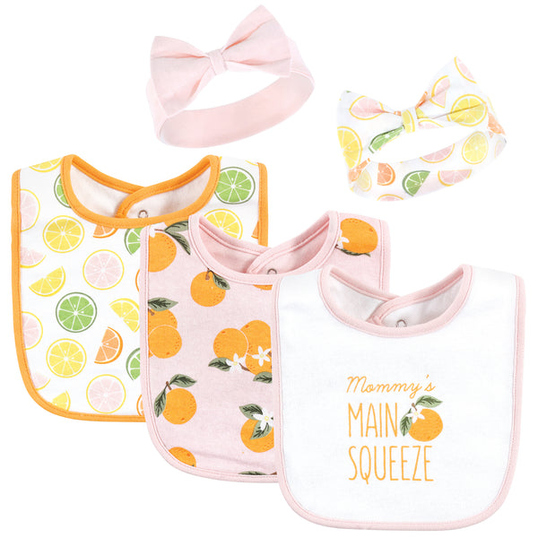 Hudson Baby Infant Girl Cotton Bib and Headband , Citrus Orange, One Size