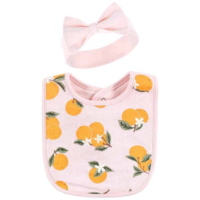 Hudson Baby Infant Girl Cotton Bib and Headband , Citrus Orange, One Size