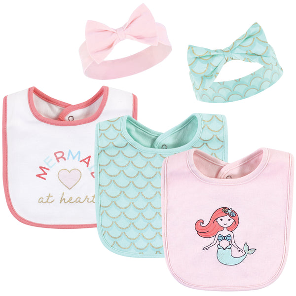 Hudson Baby Infant Girl Cotton Bib and Headband , Coral Mint Mermaid, One Size