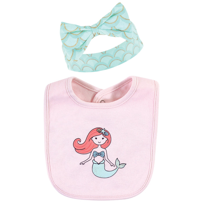 Hudson Baby Infant Girl Cotton Bib and Headband , Coral Mint Mermaid, One Size