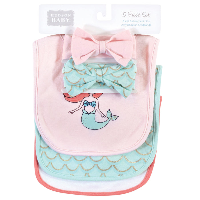 Hudson Baby Infant Girl Cotton Bib and Headband , Coral Mint Mermaid, One Size