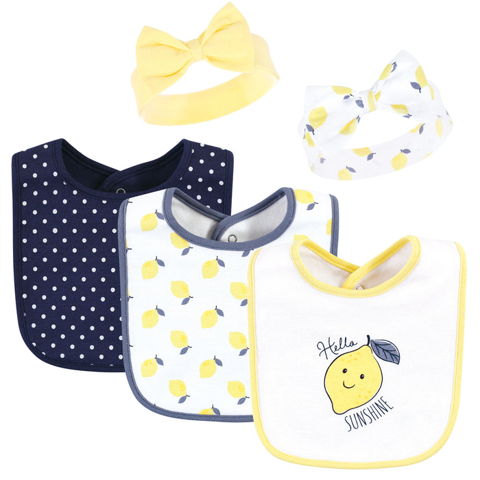 Hudson Baby Infant Girl Cotton Bib and Headband , Navy Lemon, One Size