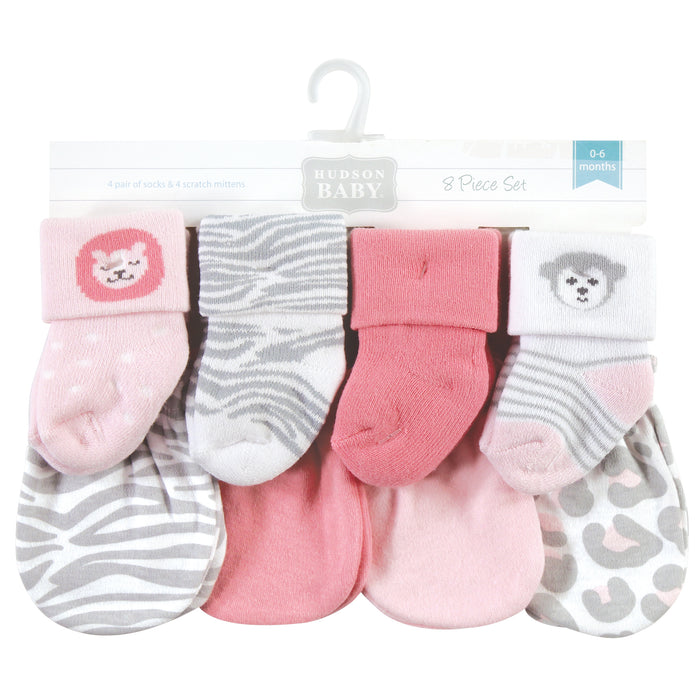 Hudson Baby Infant Girl Socks and Mittens Set, Safari Girl, 0-6 Months