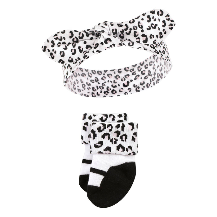 Hudson Baby Infant Girls Headband and Socks Set, Bear Leopard, 0-9 Months