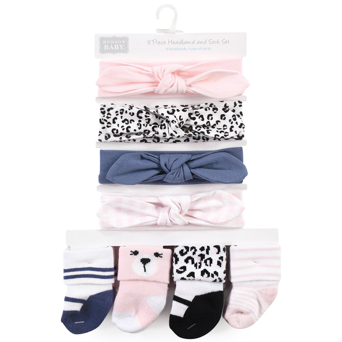 Hudson Baby Infant Girls Headband and Socks Set, Bear Leopard, 0-9 Months