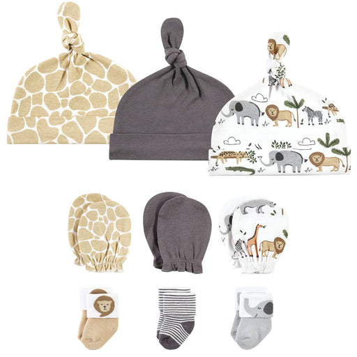 Hudson Baby Gender Neutral Caps, Mittens and Socks Set, Safari