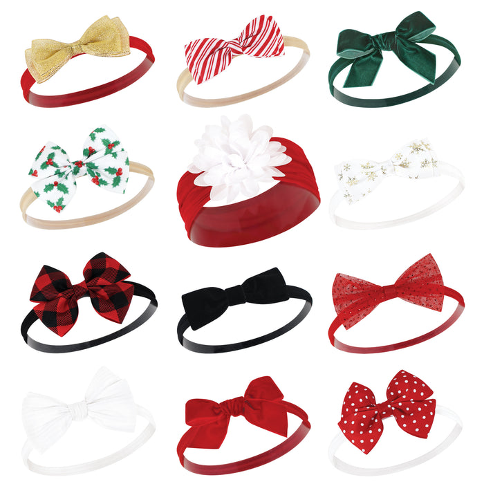 Hudson Baby Cotton and Synthetic Headbands Bundle Set, 12 Days Of Christmas Holly