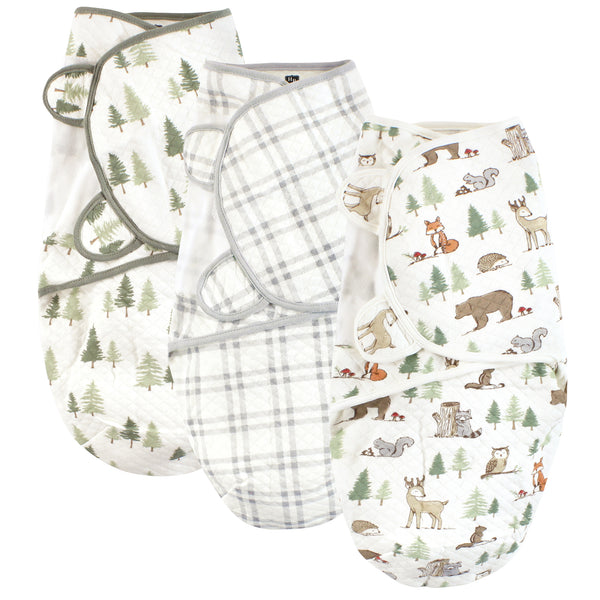 Hudson Baby Infant Boy Quilted Cotton Swaddle Wrap 3-Pack, Forest Animals, 0-3 Months