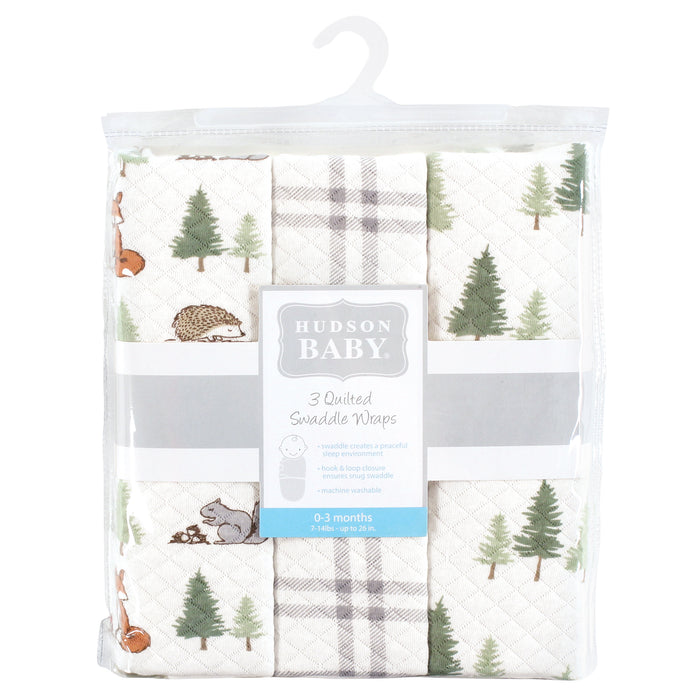 Hudson Baby Infant Boy Quilted Cotton Swaddle Wrap 3-Pack, Forest Animals, 0-3 Months