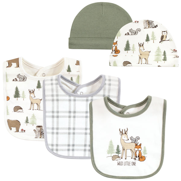 Hudson Baby Infant Boy Cotton Bib and Caps Set 5 Pack, Forest Animals, One Size