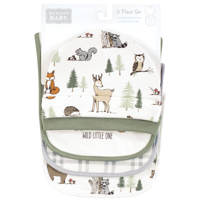 Hudson Baby Infant Boy Cotton Bib and Caps Set 5 Pack, Forest Animals, One Size