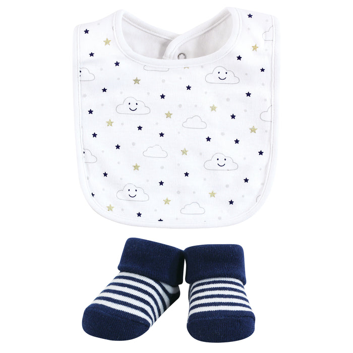 Hudson Baby Infant Boy Cotton Bib and Sock Set, Navy Cloud, One Size