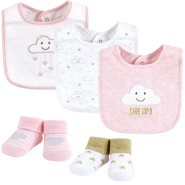 Hudson Baby Infant Girl Cotton Bib and Sock Set, Pink Cloud, One Size