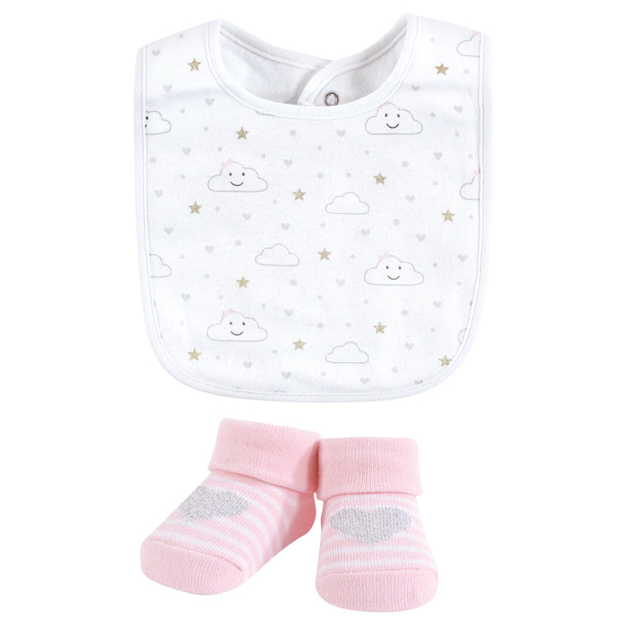 Hudson Baby Infant Girl Cotton Bib and Sock Set, Pink Cloud, One Size