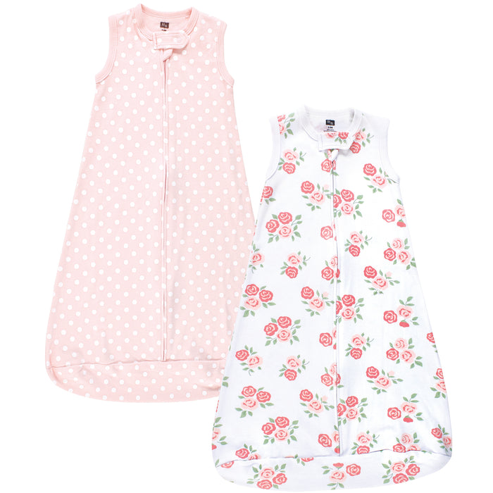 Hudson Baby Infant Girl Interlock Cotton Sleeveless Sleeping Bag, Soft Pink Roses, 2-Pack