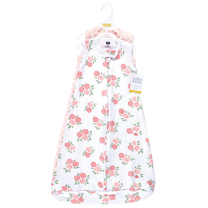 Hudson Baby Infant Girl Interlock Cotton Sleeveless Sleeping Bag, Soft Pink Roses, 2-Pack