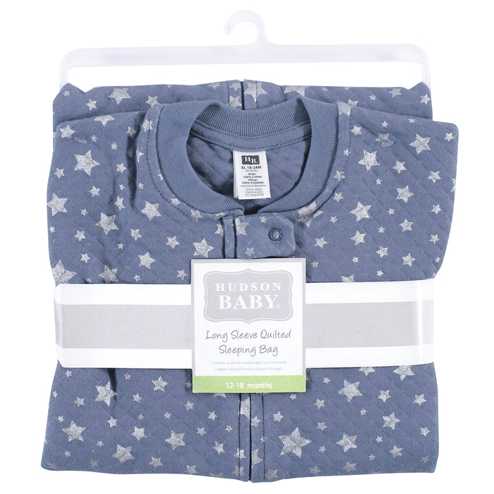 Hudson Baby Infant Boy Premium Quilted Long Sleeve Wearable Blanket, Blue Silver Star