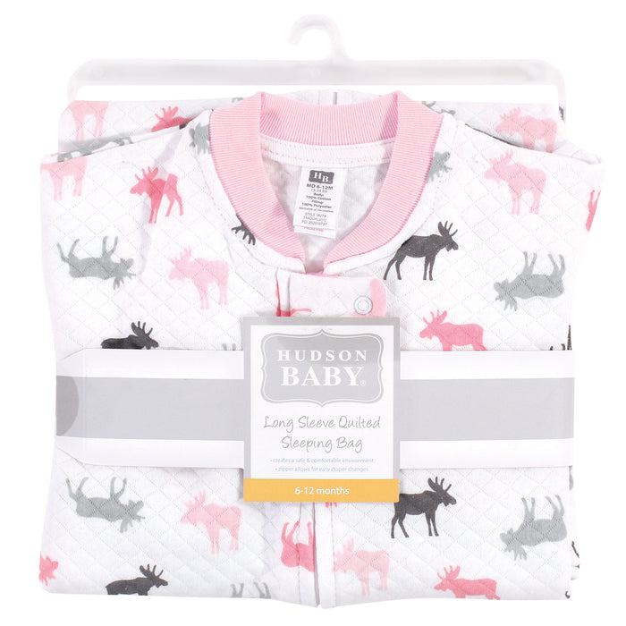 Hudson Baby Infant Girl Premium Quilted Long Sleeve Wearable Blanket, Pink Moose