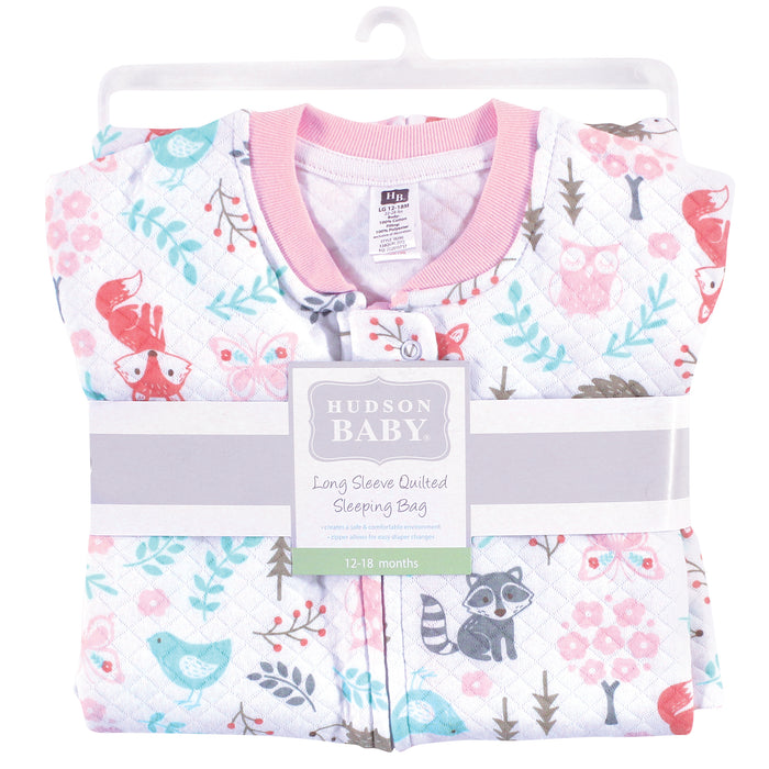 Hudson Baby Infant Girl Premium Quilted Long Sleeve Wearable Blanket, Woodland Fox