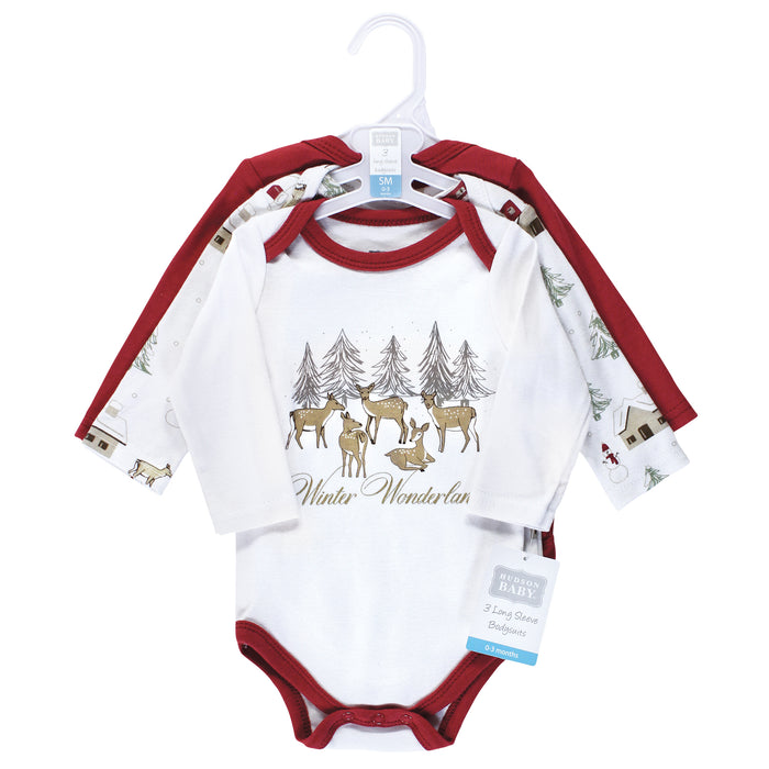 Hudson Baby Infant Girl Cotton Long-Sleeve Bodysuits, Girl Holiday Village