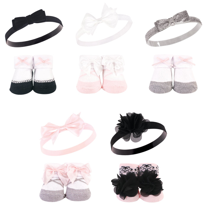 Hudson Baby Girl Headband and Socks Giftset, Silver Ballet, One Size