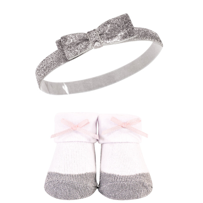 Hudson Baby Girl Headband and Socks Giftset, Silver Ballet, One Size