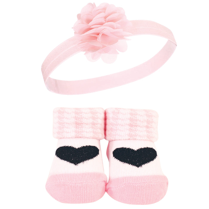 Hudson Baby Girl Headband and Socks Giftset, Pink Black Love, One Size