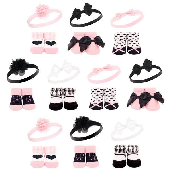 Hudson Baby 20 Piece Headband and Socks Giftset, Pink Black Love, One Size