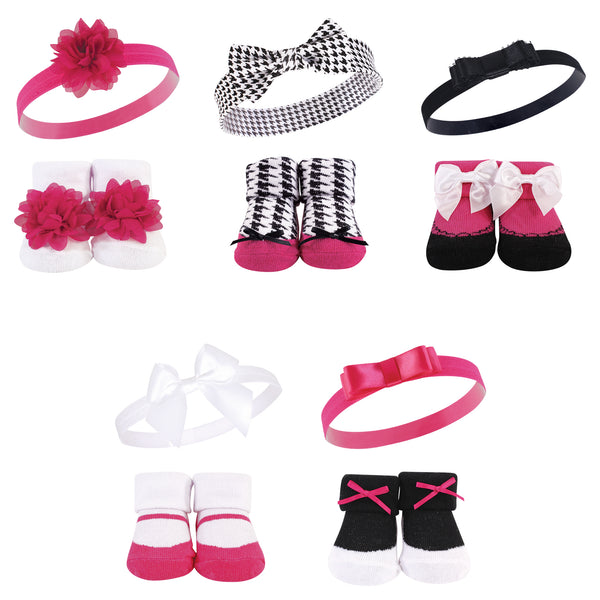 Hudson Baby Girl Headband and Socks Giftset, Dk.Pink Black, One Size