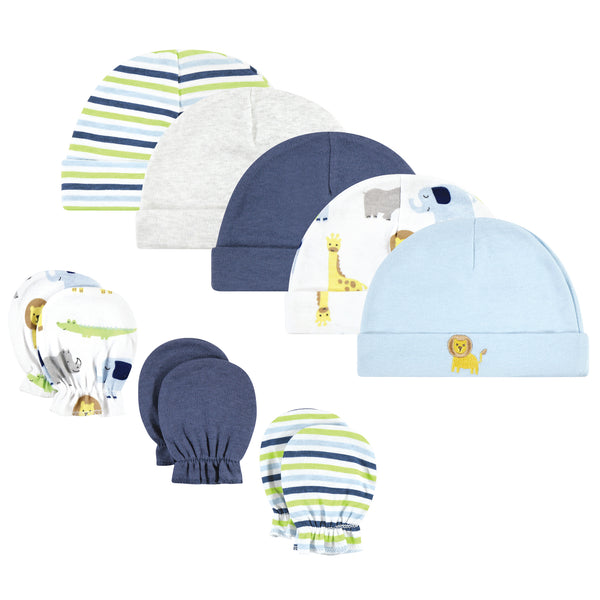 Hudson Baby Cotton Cap and Scratch Mitten Set, Boy Yellow Safari, 0-6 Months