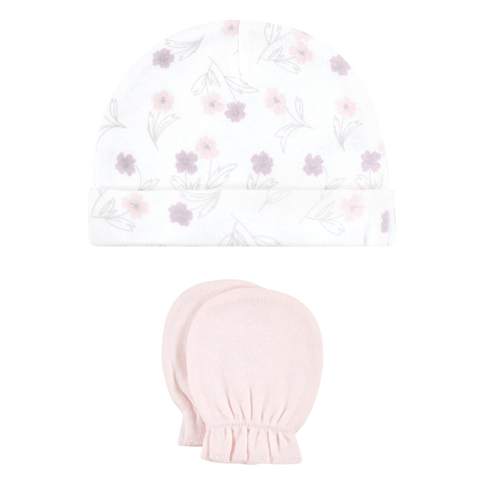 Hudson Baby Cotton Cap and Scratch Mitten Set, Lavender Floral, 0-6 Months