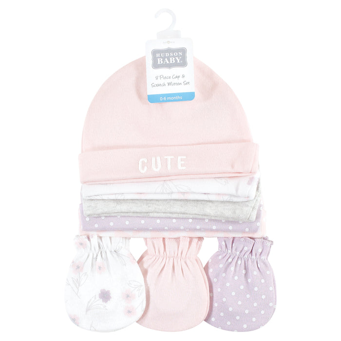 Hudson Baby Cotton Cap and Scratch Mitten Set, Lavender Floral, 0-6 Months