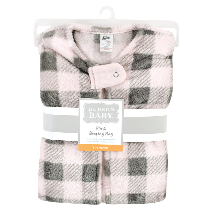 Hudson Baby Infant Girl Plush Sleeveless Sleeping Bag, Sack, Blanket, Pink Gray Plaid
