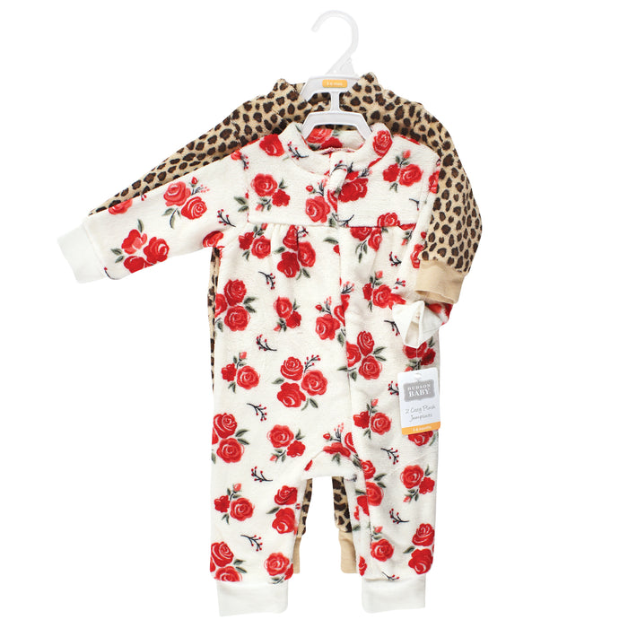 Hudson Baby Infant Girl Plush Jumpsuits, Red Rose Leopard