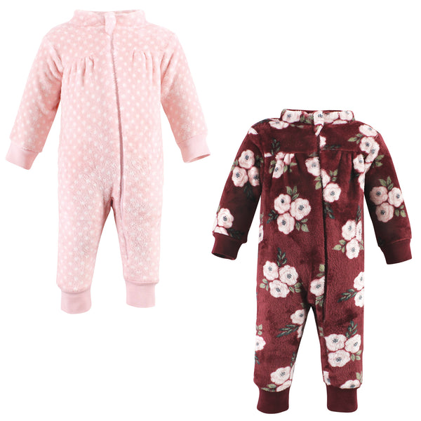 Hudson Baby Infant Girl Plush Jumpsuits, Burgundy Floral