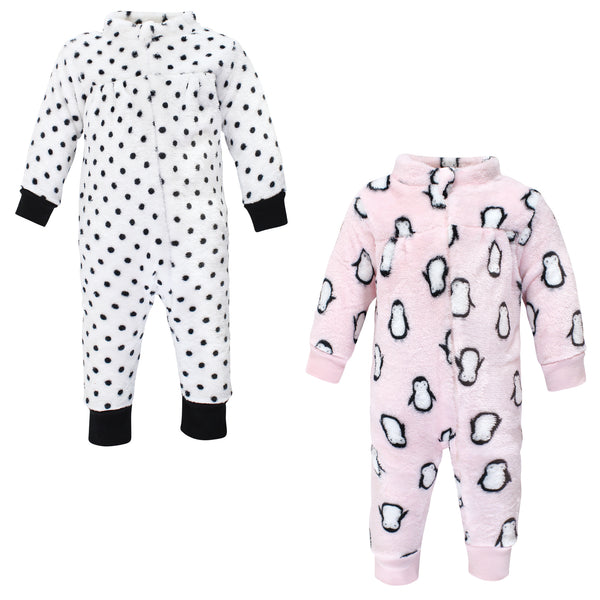 Hudson Baby Infant Girl Plush Jumpsuits, Pink Penguin