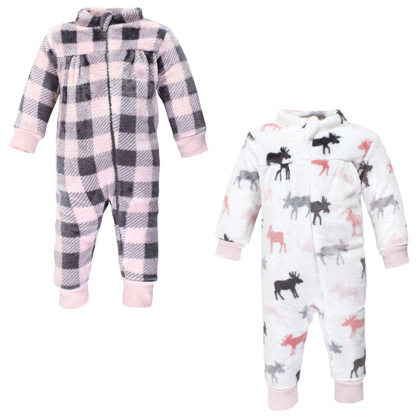 Hudson Baby Infant Girl Plush Jumpsuits, Pink Moose