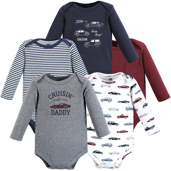 Hudson Baby Infant Boy Cotton Long-Sleeve Bodysuits, Cars 5-Pack
