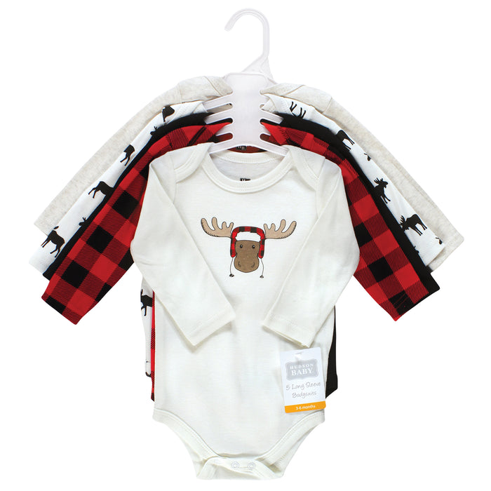 Hudson Baby Infant Boy Cotton Long-Sleeve Bodysuits, Winter Moose 5-Pack