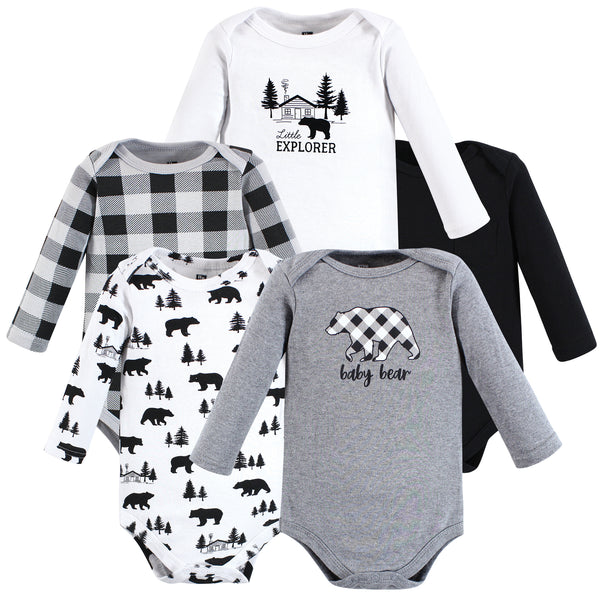 Hudson Baby Infant Boy Cotton Long-Sleeve Bodysuits, Baby Bear Gray Black 5-Pack